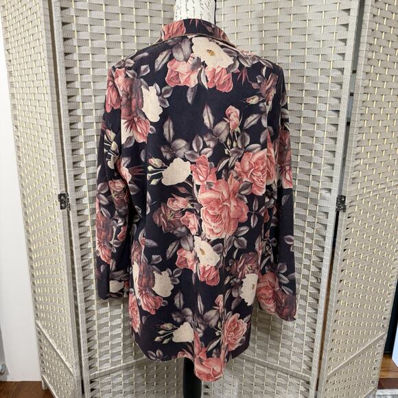 Solitaire Faux Suede Open Jacket Size L Pink Brown Floral Notch Collar Pockets - Picture 3 of 9